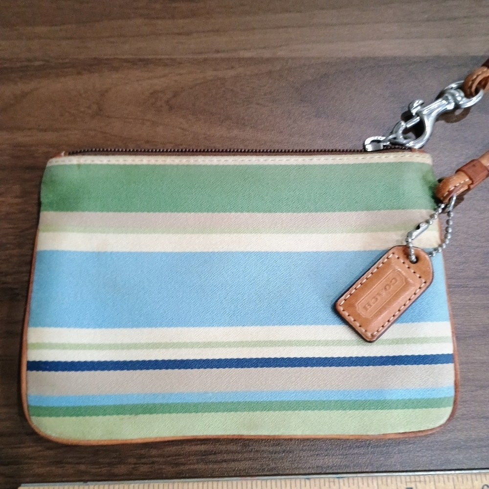 Coach Striped Leather Wristlet - Green and Tan - Picture 5 of 8